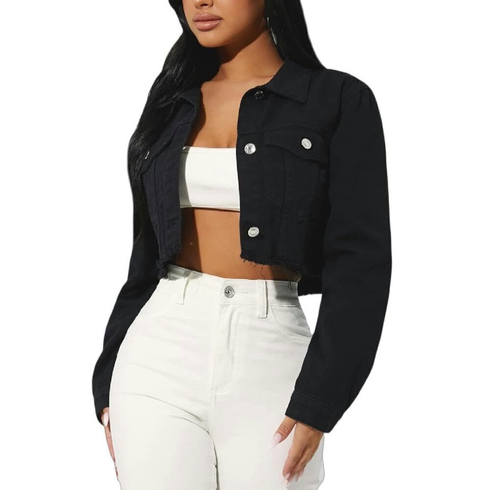 Women's Cropped Denim Jacket Distressed Frayed Hem Casual Coat